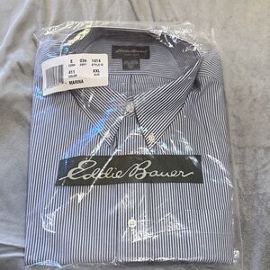 Eddie Bauer Men's Navy and White Striped Shirt